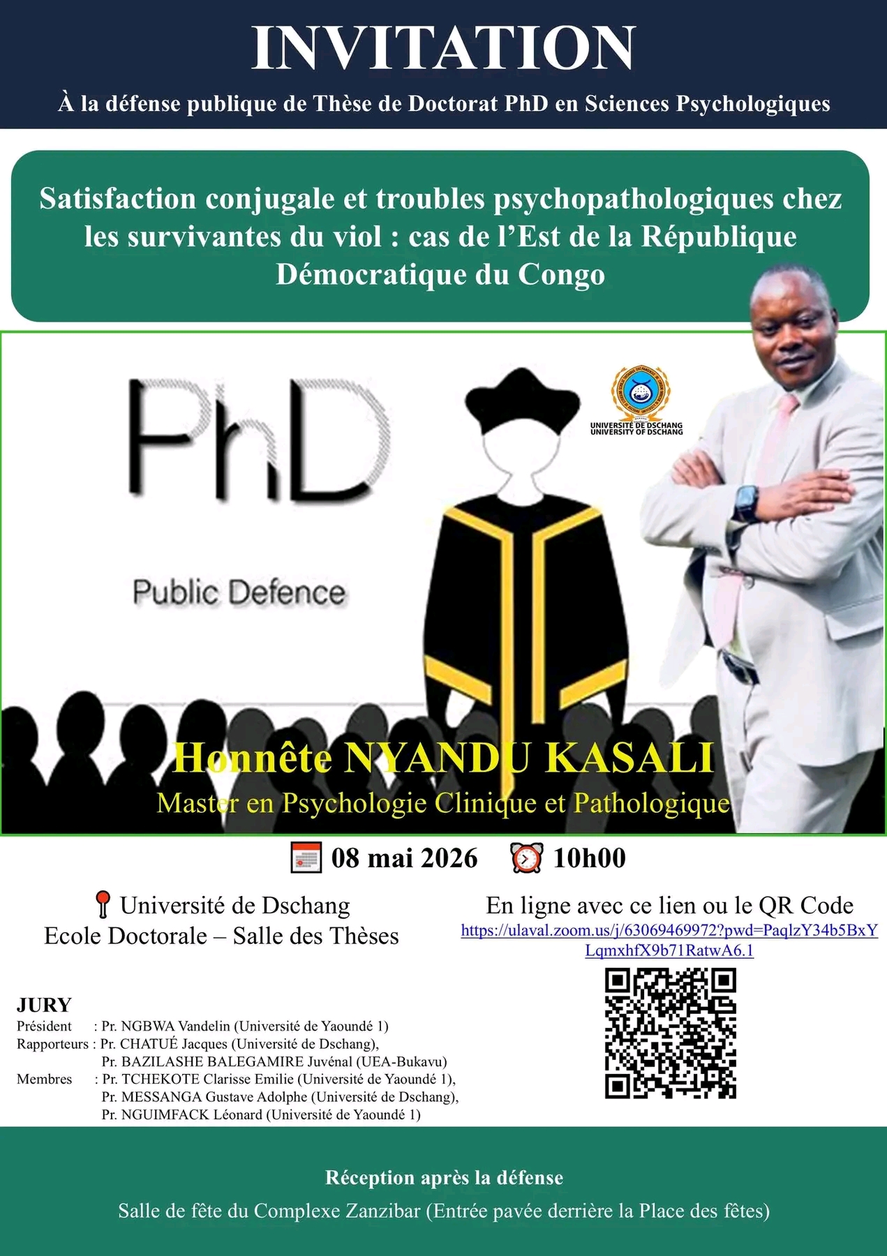 Honnête Kasali convie le public à sa défense de thèse de Doctorat/PhD en Sciences psychologiques